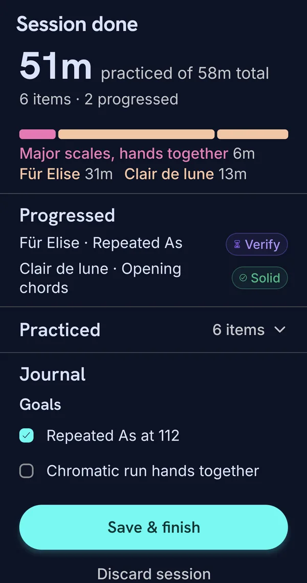 Session done: 51 minutes practiced of 58 total, two sections progressed.
