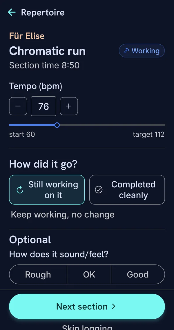Logging the chromatic run: 8 minutes 50, 76 bpm toward a target of 112, Still working on it.