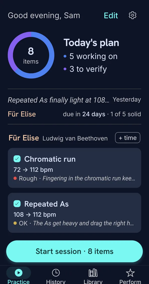 Today's plan: 8 items, 5 working on and 3 to verify, Für Elise first.