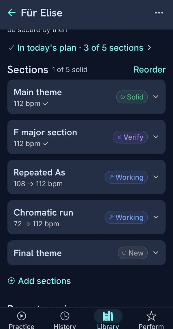 Für Elise in five sections: Main theme Solid, F major section Verify, Repeated As and Chromatic run Working, Final theme New.